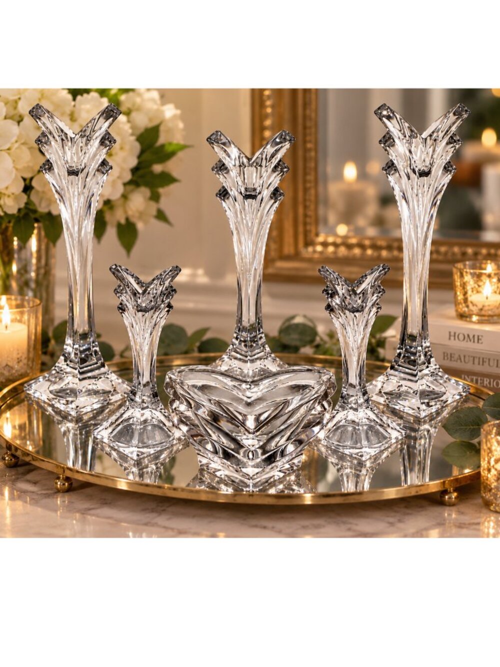 Set of 6 Assorted Sizes Mikasa Art Deco Crystal Candle Holders